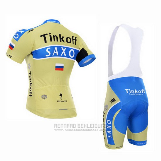 2015 Fahrradbekleidung Tinkoff Saxo Bank Azurblau und Gelb Trikot Kurzarm und Tragerhose